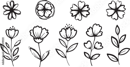 A curated collection of black hand-rendered floral sketches and organic botanical doodles on a white background.