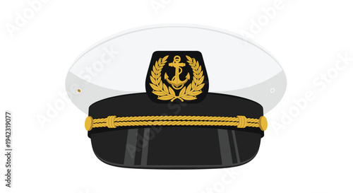 A white captain's hat with a black brim and a gold anchor emblem, adorned with a braided cord, is centered against a clean white background.