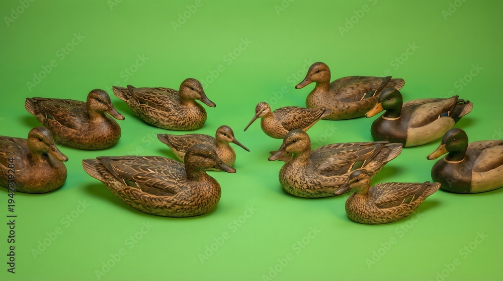Obraz premium Collection of Realistic Duck Decoys on Green Background
