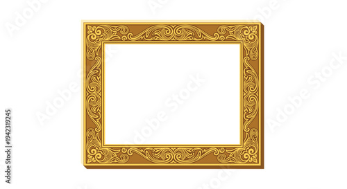 An ornate golden rectangular picture frame with intricate scrollwork patterns surrounds an empty white center on a plain white background.
