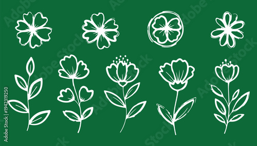A collection of raw, white hand-rendered floral sketches and organic botanical doodles set against a solid green background. 