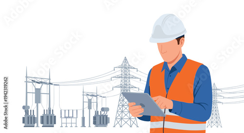 A male engineer wearing a white hard hat and orange safety vest holds a tablet, with blurred electricity pylons and transformers in the background.