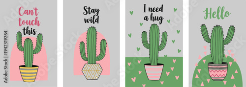 Colorful cartoon illustration of four cactus posters with decorative pots, pastel backgrounds, and playful captions, symbolizing humor, design, decoration, and creative artwork projects