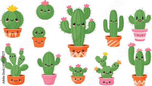 Colorful cartoon illustration of twelve smiling cacti in decorative pots with flowers and expressive faces, symbolizing playful design, children’s artwork, decoration, and creative projects