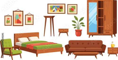 Colorful illustration of bedroom and living room furniture including bed, sofa, armchair, wardrobe, coffee table, plant, and decor, symbolizing interior design, home decor, and creative artwork p