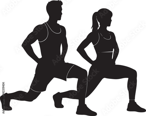 Silhouette of a man and woman doing lunges together for fitness and workout concepts