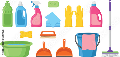 Colorful illustration of household cleaning supplies including bottles, gloves, sponge, mop, and bucket, symbolizing hygiene, sanitation, home chores, and creative artwork projects