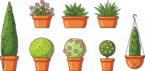 Colorful illustration of nine different potted plants with varied foliage and flowers, symbolizing gardening, landscaping, ornamental design, home decor, and creative artwork projects