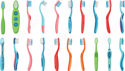 Colorful illustration of sixteen different toothbrush designs including manual and electric styles with varied bristles, symbolizing dental hygiene, healthcare, consumer products, and creative art
