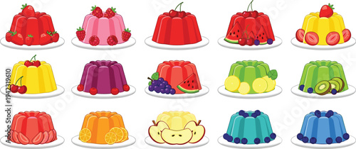 Colorful illustration of sixteen fruit-decorated gelatin desserts arranged in grid, symbolizing sweet food, culinary art, dessert variety, creative design, and artwork projects