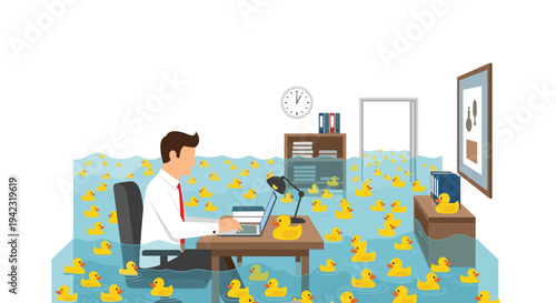 A businessman works on a laptop at his desk, submerged in an office flooded with numerous yellow rubber ducks.