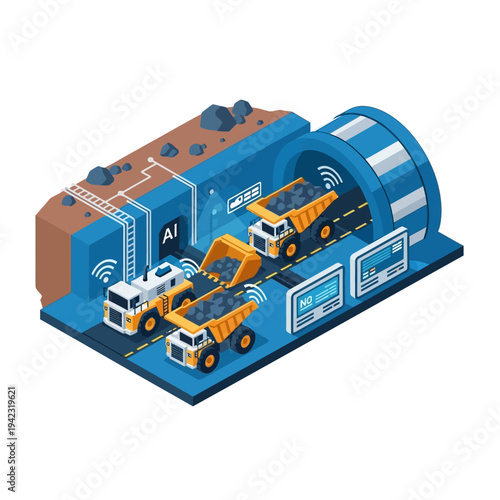 Isometric illustration of smart mining operation with autonomous dump trucks, AI control, and wireless communication for efficient resource extraction.