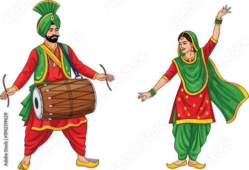 Colorful illustration of traditional Punjabi folk dance with man playing dhol and woman dancing in salwar kameez, symbolizing culture, celebration, heritage, and creative artwork projects