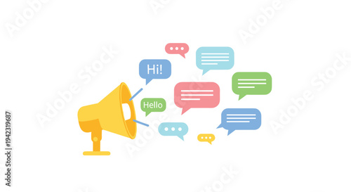 A golden megaphone emits multiple colorful speech bubbles containing Hi! and Hello text across a clean white background.