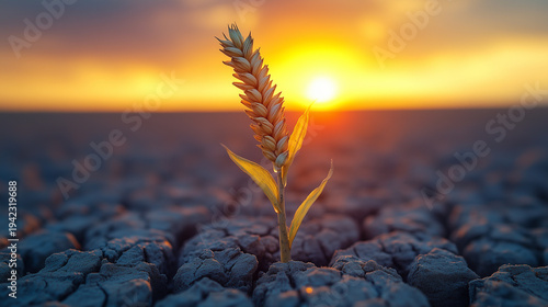 A lone wheat stalk rises from cracked soil, symbolizing resilience against adversity at sunset