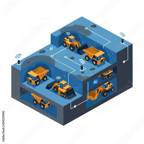 Isometric illustration of a modern mining operation with heavy machinery, dump trucks, and loaders working on multiple levels, connected by wireless technology and AI.