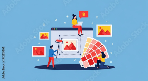 World Graphic Design Day Creative design process illustration featuring designers collaborating on a project with color palettes and image editing tools on a blue background