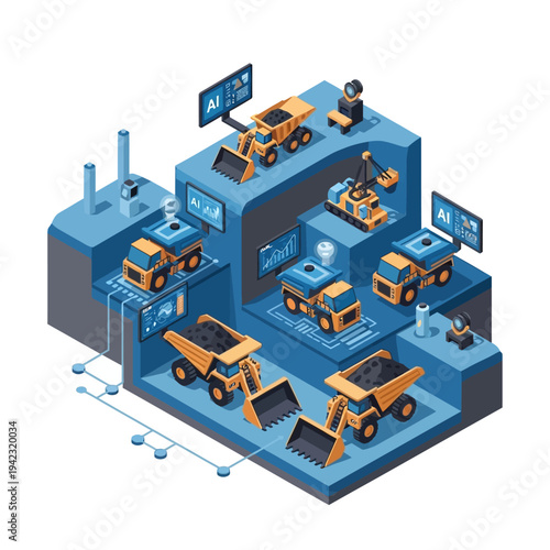Isometric illustration of an automated mining operation with heavy machinery, dump trucks, excavators, and AI-driven data monitoring systems.