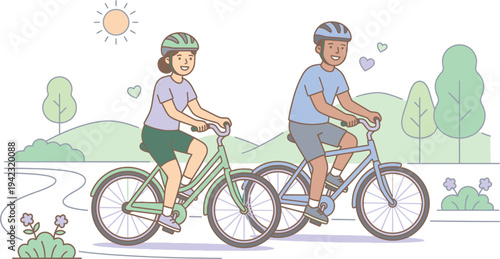 Couple Embracing Longevity Lifestyle and Health Care Riding Bicycles Together Outside on a Sunny Day in a Serene Landscape.eps