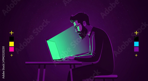 World Graphic Design Day Man working diligently on his laptop, bathed in the vibrant glow of the screen with a focused expression