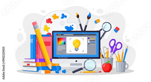 Graphic design studio setup with computer, art supplies, and books, showcasing creativity and inspiration
