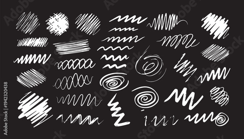 A creative collection of white hand-drawn scribbles, spirals, and textured strokes against a high-contrast dark background. Excellent for chalkboard-style designs, informal notes, and artistic digital
