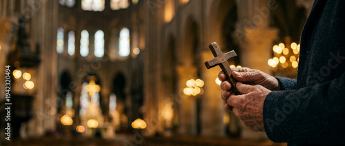 Good Friday Christian Man Holding Wooden Cross in a Church
