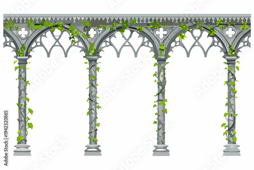 An ornate gothic arcade with stone columns and trailing green vines