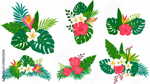 Tropical floral arrangement with monstera leaves and vibrant hibiscus flowers