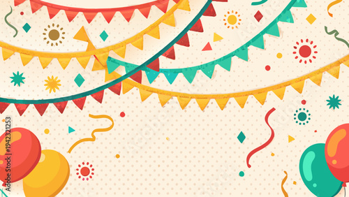 Festive background with colorful bunting balloons and confetti elements