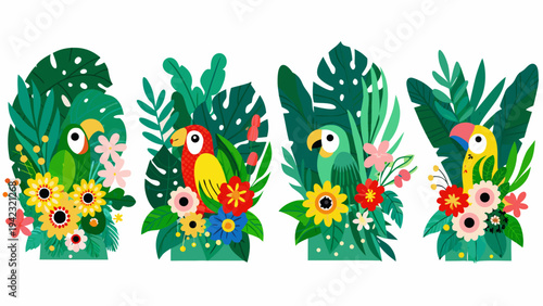 Four vibrant illustrations featuring tropical birds amongst lush foliage