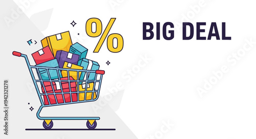 Vibrant shopping cart filled with colorful boxes on sale