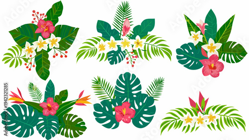 Tropical floral arrangements with monstera hibiscus and other foliage