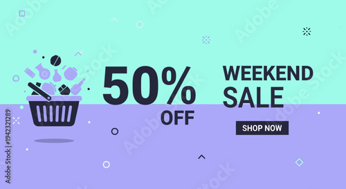Vibrant weekend sale banner with 50% off shopping offer