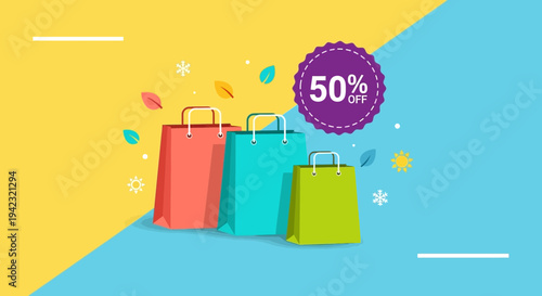 Vibrant shopping bags with 50 percent off discount
