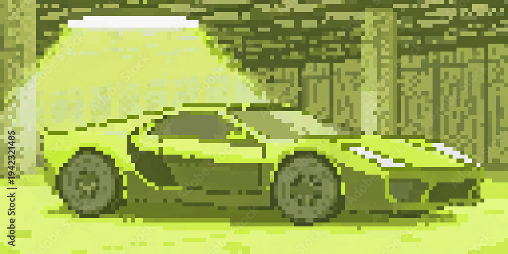 Fototapeta premium Vibrant green pixel art sports car design showcasing a charming retro digital illustration