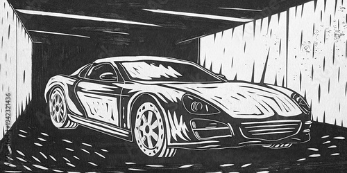 Dynamic black and white artwork of a powerful car racing through an underground passage