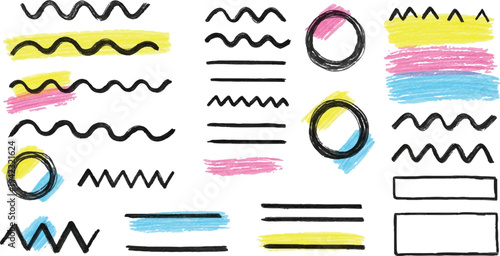 A collection of minimalist hand-drawn elements, including wavy lines, circles, and zigzag scribbles with colorful marker highlights. Ideal for urban street-style designs, journals and creative overlay
