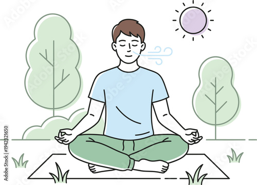 Man practicing meditation in lotus position outdoors promotes longevity lifestyle and Health care under serene natural surroundings.eps