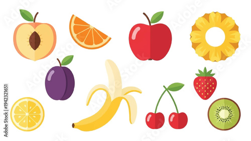 A vibrant collection of stylized fruit icons including apple, banana, strawberry, orange, and kiwi. Perfect for healthy lifestyle infographics, kitchen decor, and nutritional branding.