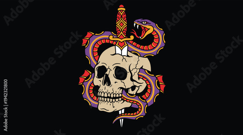 Traditional Tattoo Art Skull Pierced by Dagger with Purple Snake Vector