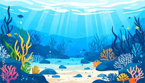 A vibrant underwater ocean scene with colorful coral and fish on transparent background