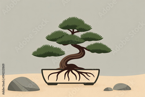 Minimal Bonsai Tree in Pot Modern Botanical Illustration