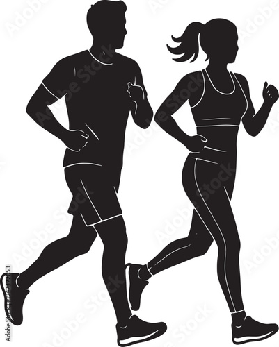 Silhouette of a man and woman jogging together for fitness and healthy lifestyle