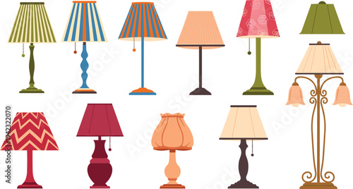 Colorful illustration of twelve unique table and floor lamps with patterned and solid shades, symbolizing interior design, home decor, lighting products, and creative artwork projects