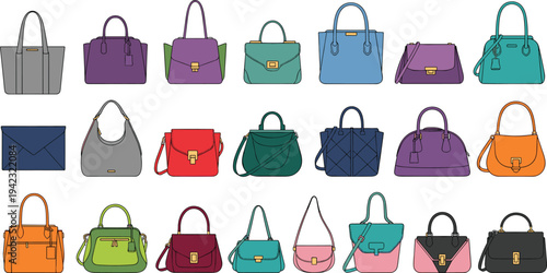 Colorful illustration of twenty different handbags in diverse styles including totes, satchels, clutches, and shoulder bags, symbolizing fashion, accessories, retail, and creative artwork projects