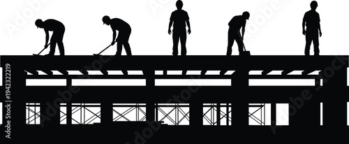 Construction workers silhouettes repairing roof on building structure, industrial labor and maintenance concept with workers using tools on construction site vector illustration