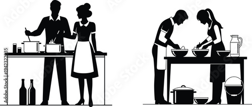 Couple cooking together in kitchen silhouettes preparing food, mixing ingredients and boiling pot, home cooking lifestyle concept vector illustration isolated on white