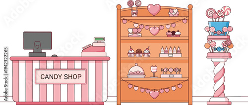 Cute candy shop interior with counter, sweet display shelf, lollipops and desserts, pastel confectionery store vector illustration for bakery or sweets shop concept