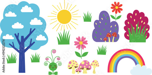 Cute nature elements collection with tree, sun, rainbow, flowers, mushrooms and grass, colorful cartoon garden vector illustration set for kids isolated on white background